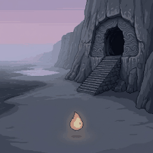 The Spark before a carved Shrine entrance in a grey cliff